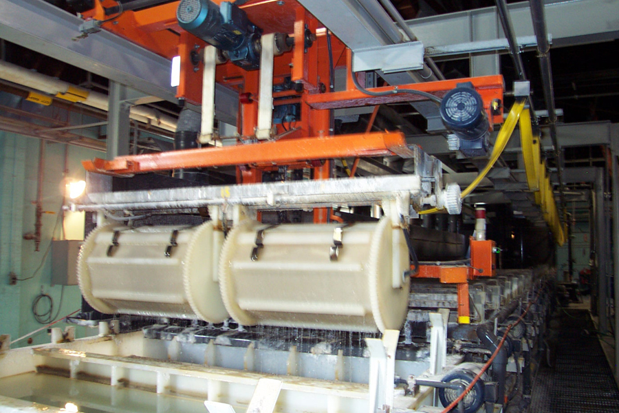 Automated barrel electroplating line with hoists and process tanks