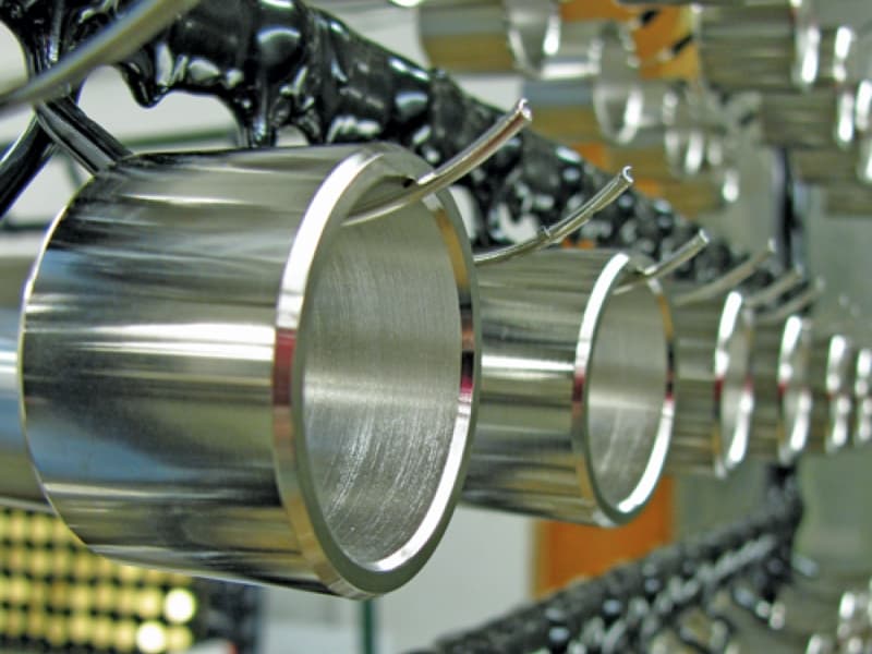 Electroplating line with metal parts in treatment tanks